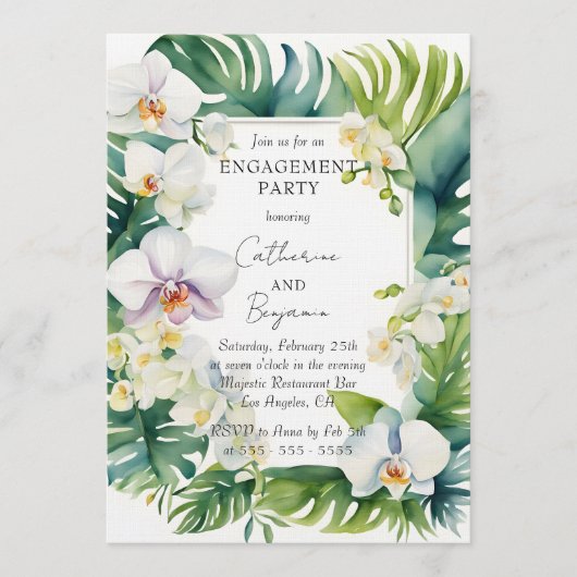 Tropical White Orchid & Greenery Engagement Party Kaart (Voorkant)