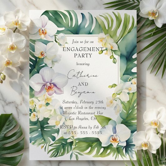 Tropical White Orchid & Greenery Engagement Party Kaart