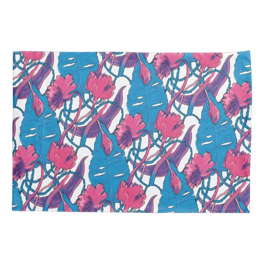 Tropical Wild Flowers Blue Pink Modern Exotic Kussensloop (Achterkant)