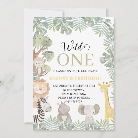 Tropical Wild One Safari Dieren Jongen 1e Verjaard Kaart (Voorkant)