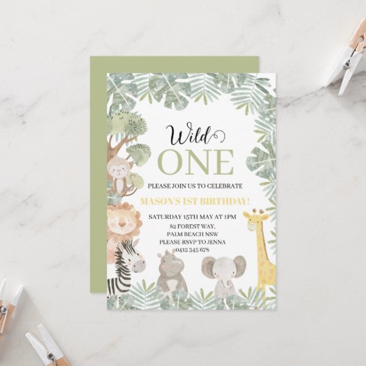 Tropical Wild One Safari Dieren Jongen 1e Verjaard Kaart (Voorkant / Achterkant in situ)