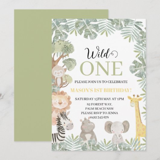 Tropical Wild One Safari Dieren Jongen 1e Verjaard Kaart (Voorkant / Achterkant)
