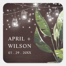 TROPICAL WOOD PALM STERRENNACHT MASON JAR WEDING VIERKANTE STICKER