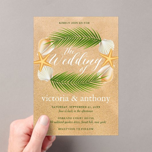 Tropical Wreath Sandy Beach Wedding Acryl Uitnodigingen (Insitu (Draagbaar))