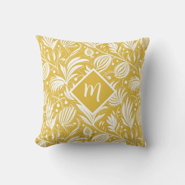 Tropical Yellow Floral Pattern Diamond Monogram  Kussen (Voorkant)