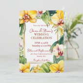 Tropical Yellow Orchid and Greenery Gold Wedding Kaart (Staand voorkant)