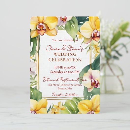 Tropical Yellow Orchid and Greenery Gold Wedding Kaart (Staand voorkant)