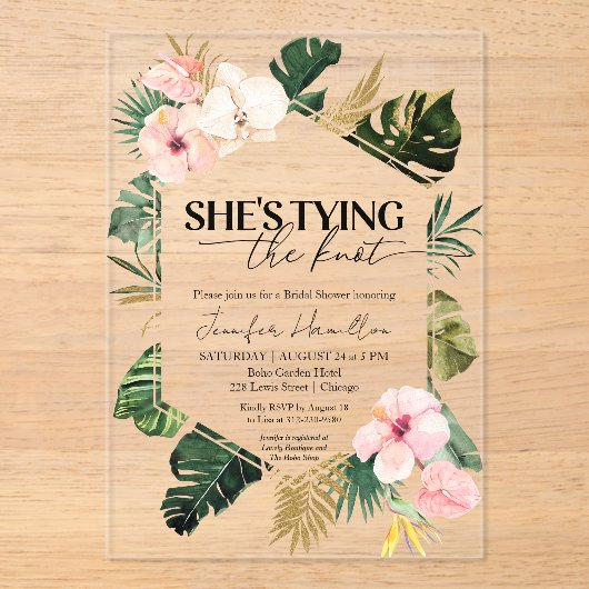 Tropical Ze bindt het knoop Vrijgezellenfeest Acryl Uitnodigingen (Voorkant)