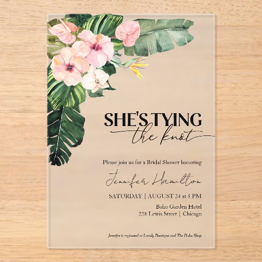 Tropical Ze bindt het knoop Vrijgezellenfeest Acryl Uitnodigingen (Voorkant)