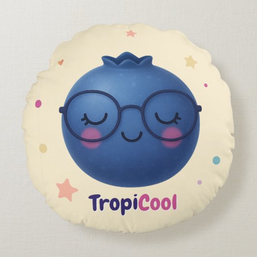 TropiCool Blueberry – Ronde Kawaii Fruit Rond Kussen (Voorkant)