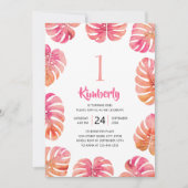 Tropisch 1e verjaardagsfeest roze zomerstrand kaart (Voorkant)