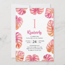 Tropisch 1e verjaardagsfeest roze zomerstrand kaart