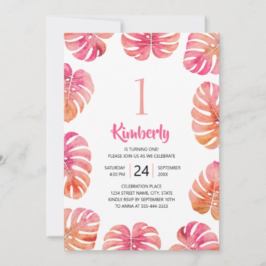 Tropisch 1e verjaardagsfeest roze zomerstrand kaart (Voorkant)