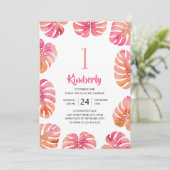 Tropisch 1e verjaardagsfeest roze zomerstrand kaart (Staand voorkant)