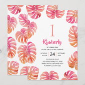 Tropisch 1e verjaardagsfeest roze zomerstrand kaart (Voorkant / Achterkant)