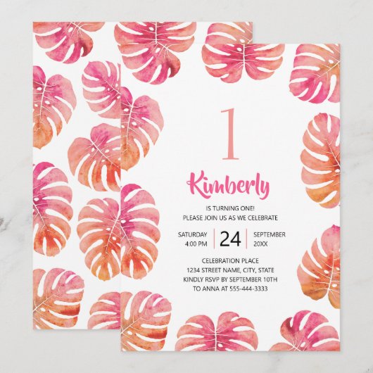 Tropisch 1e verjaardagsfeest roze zomerstrand kaart (Voorkant / Achterkant)