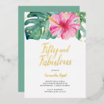 Tropisch 50 en Fabulous 50th Birthday Folie Uitnodiging<br><div class="desc">Tropische maar elegante gepersonaliseerde kalligrafie uitnodigingen lijsten uw evenementgegevens met een rand van eenvoudige goudconfetti, een roze hibiscusbloem en botanisch groen op een heldere witte achtergrond. Uw evenementgegevens worden ingesteld in een eenvoudige sans serif en script type in echte gouden folie. Perfect voor een 50 en fantastische 50ste verjaardagsfeestje met...</div>