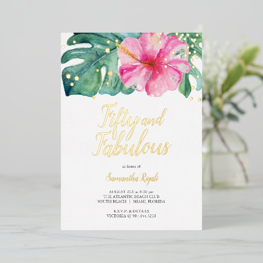 Tropisch 50 en Fabulous 50th Birthday Folie Uitnodiging (Staand Voorkant)