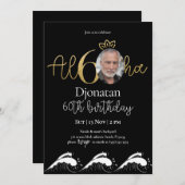 Tropisch 60th Black Gold Birthday Invitation Foto Kaart (Voorkant / Achterkant)