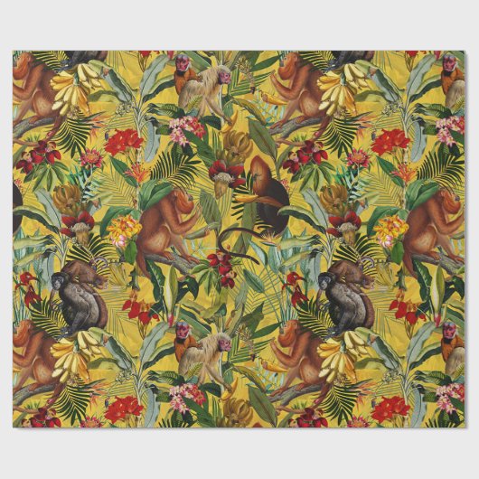 Tropisch aap Oerwoud - geel patroon Cadeaupapier (Vlak)