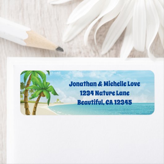 Tropisch adres van de Beach en de Palm Trees Etiket (Insitu)