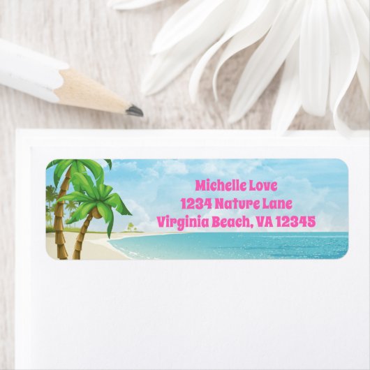 Tropisch adres van de Beach en de Palm Trees Etiket (Insitu)