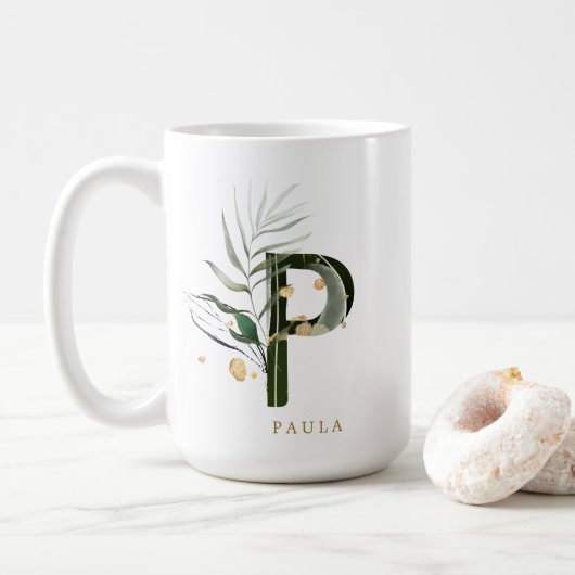Tropisch afgedankt monogram letter "P", op maat ge Koffiemok (Met donut)
