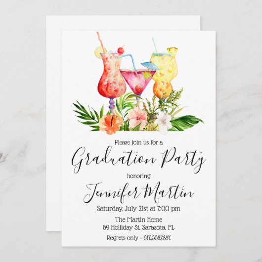 Tropisch Afstuderen Cocktail Drink Uitnodiging (Voorkant / Achterkant)