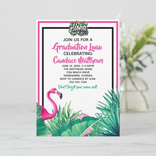 Tropisch Aloha Flamingo Afstuderen Luau 2022 Kaart (Staand voorkant)