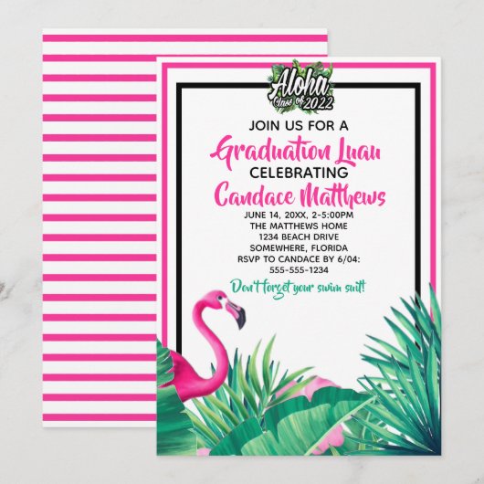 Tropisch Aloha Flamingo Afstuderen Luau 2022 Kaart (Voorkant / Achterkant)