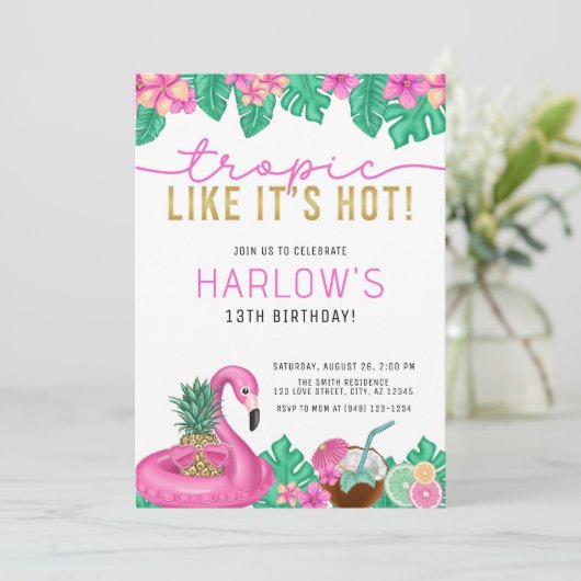 Tropisch alsof het Hot Pink Tropical Birthday is Kaart (Staand voorkant)