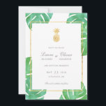 Tropisch anananas Gold bewaart de datumkaarten Save The Date<br><div class="desc">Tropische anananas Sparen de Date cards,  een deel van ons tropische anananassische collectie voor trouwerijen. Met waterverf tropische bladeren op de achtergrond met faux gouden foliën.</div>