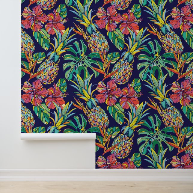 Tropisch anananas Hibiscus Pattern Behang (Applicatie)