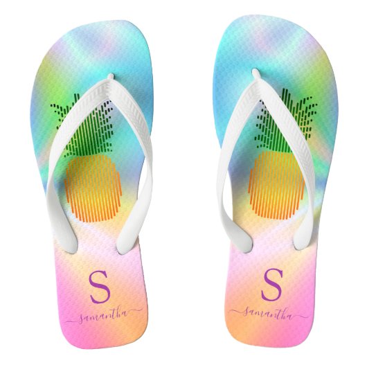 Tropisch anananas Holografisch Monogramme Summer Teenslippers (Voetbed)