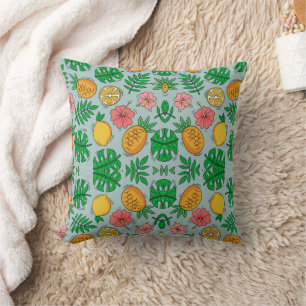 Tropisch ananas citroen en roze bloemen patroon kussen