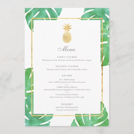 Tropisch Ananas Goud Trouwmenu Menu (Voorkant)