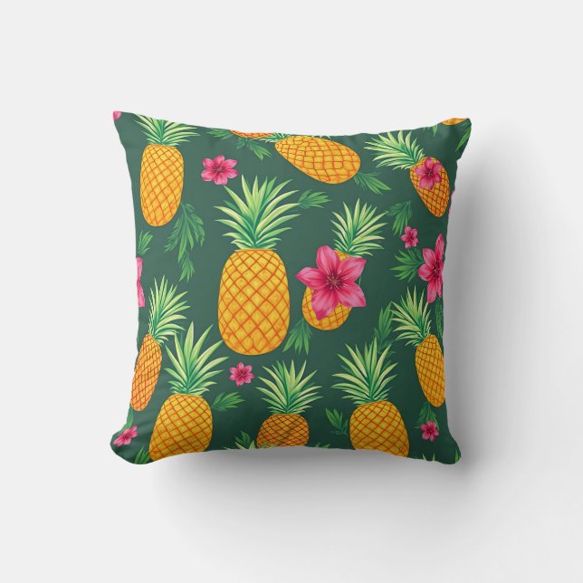 Tropisch Ananas Hibiscus Patroon Kussen (Voorkant)