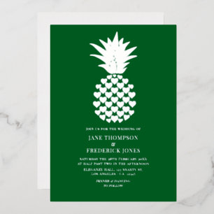 Tropisch ananas-huwelijk in bosgroen en zilver folie uitnodiging