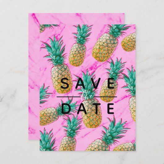 Tropisch Ananas Roze Marmer Bewaar de Datum Aankondigingskaart (Voorkant / Achterkant)