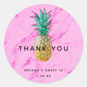 Tropisch Ananas & Roze Marmer Chic Feest Favoriet Ronde Sticker