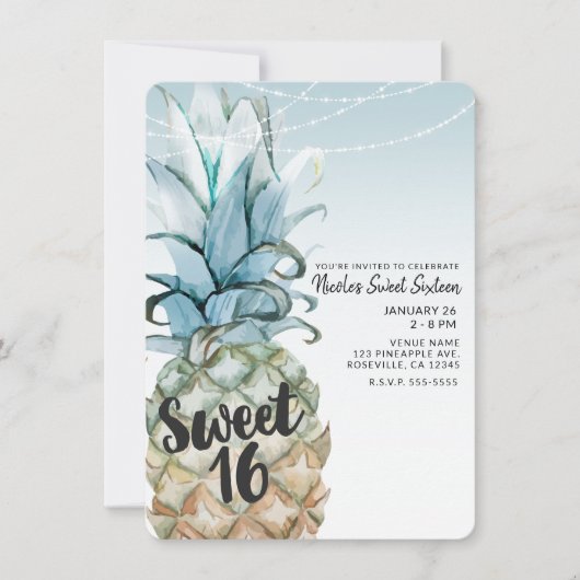 Tropisch Ananas & Slingerlichten Zoete 16 Feestje Kaart (Voorkant)