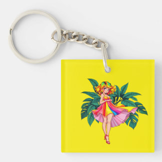 Tropisch Anime Meisje regenboog Jurk Vierkant Acry Sleutelhanger
