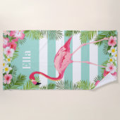 Tropisch Aqua Pink Flamingo Floral Aangepast monog Strandlaken (Voorkant)