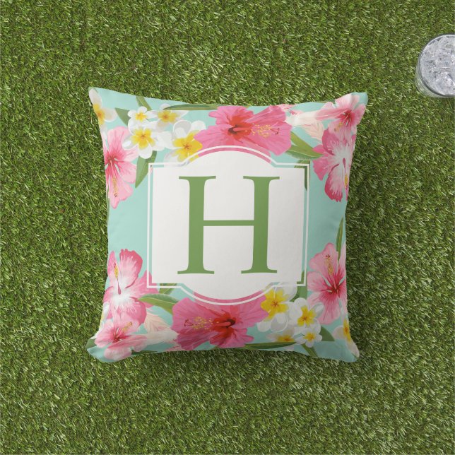 Tropisch Aqua Pink Flowers Patroon Aangepast monog Buitenkussen (Gras)
