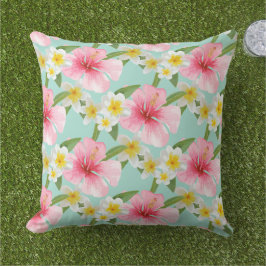 Tropisch Aqua Pink Hibiscus Flowers Patroon Buitenkussen