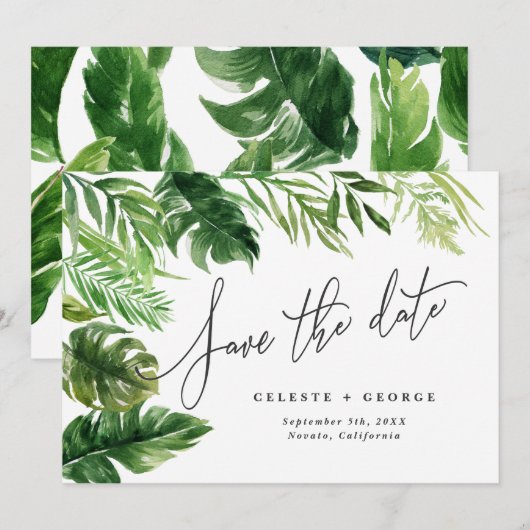 Tropisch aquarel blad florale bewaar de datum save the date (Voorkant / Achterkant)