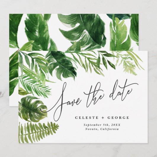 Tropisch aquarel blad florale bewaar de datum save the date (Voorkant / Achterkant)