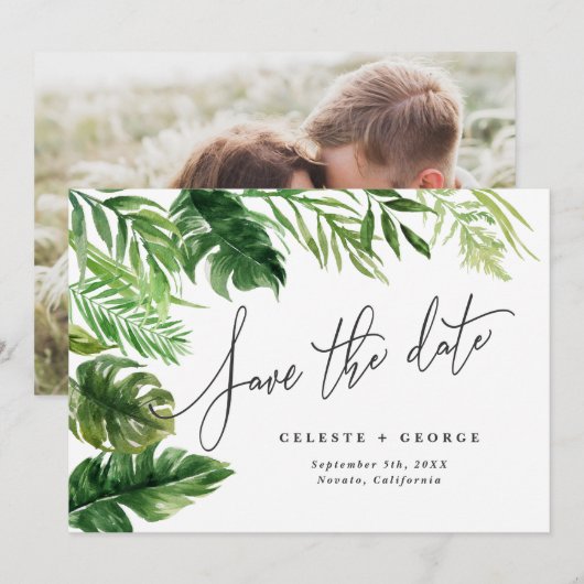 Tropisch aquarel blad florale foto save the date (Voorkant / Achterkant)