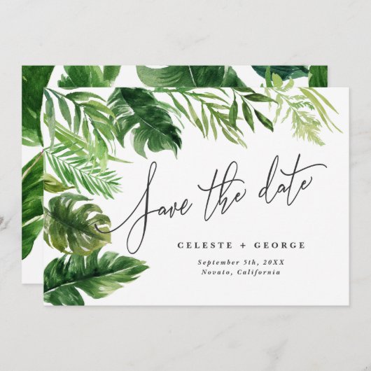 Tropisch aquarel blad groen bloemmotief save the d save the date (Voorkant / Achterkant)