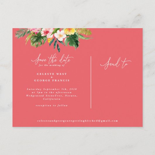 Tropisch aquarel bladgroen script save-the-date aankondigingskaart (Achterkant)